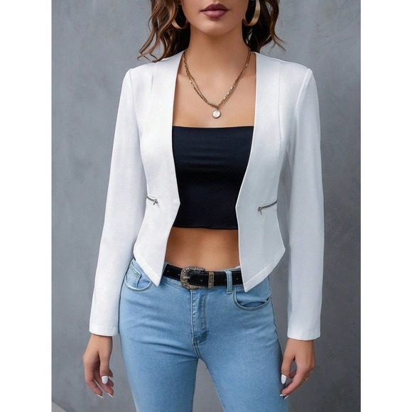 🌟 minimalist business casual Zip Detail Open Front Cropped Blazer jacket - Picture 7 of 8